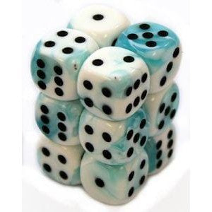 12 D6 Gemini 16mm Dice White & Teal with Black - CHX26644 - Abyss Game Store