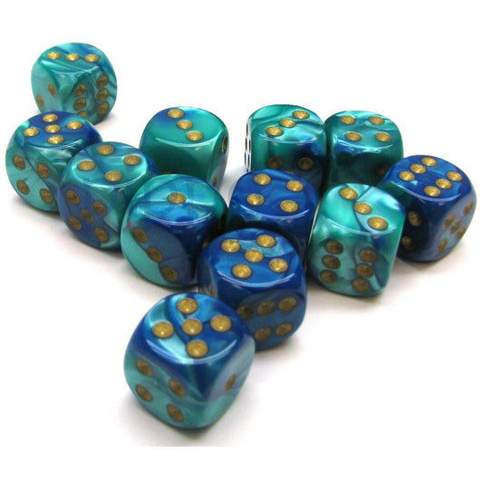 12 D6 Gemini 16mm Dice Blue-Teal/gold - CHX26659 - Abyss Game Store