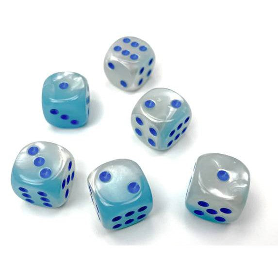 12 D6 Gemini 16mm Dice Polyhedral Pearl Turquoise-White/blue Luminary - CHX26665