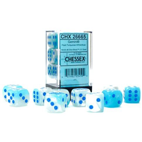 12 D6 Gemini 16mm Dice Polyhedral Pearl Turquoise-White/blue Luminary - CHX26665