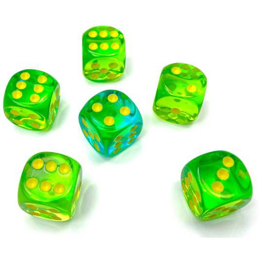 12 D6 Gemini 16mm Dice Polyhedral Translucent Green-Teal/yellow - CHX26666