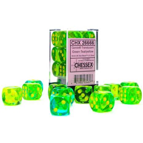 12 D6 Gemini 16mm Dice Polyhedral Translucent Green-Teal/yellow - CHX26666