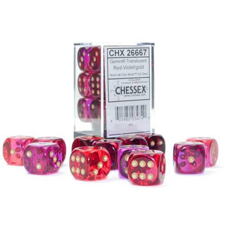 12 D6 Gemini 16mm Dice Polyhedral Translucent Red-Violet/gold - CHX26667