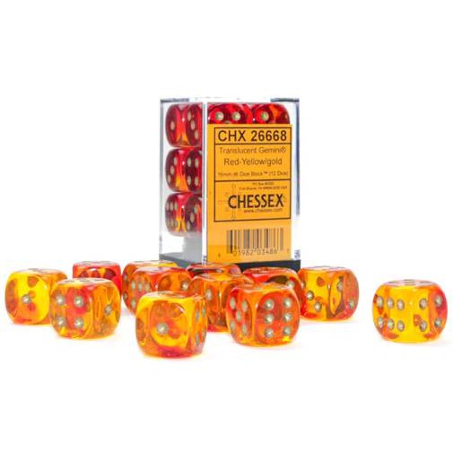 12 D6 Gemini 16mm Dice Polyhedral Translucent Red-Yellow/gold - CHX26668