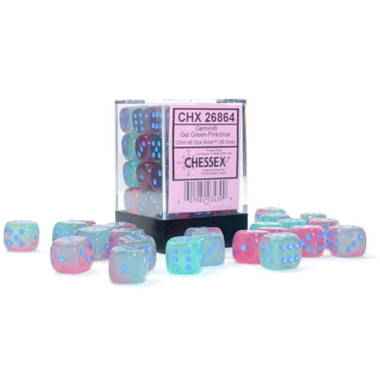 36 D6 Gemini 12mm Dice Gel Green-Pink/Blue Luminary - CHX26864