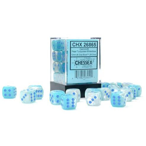 36 D6 Gemini 12mm Dice Turquoise - White/Blue Luminary - CHX26865