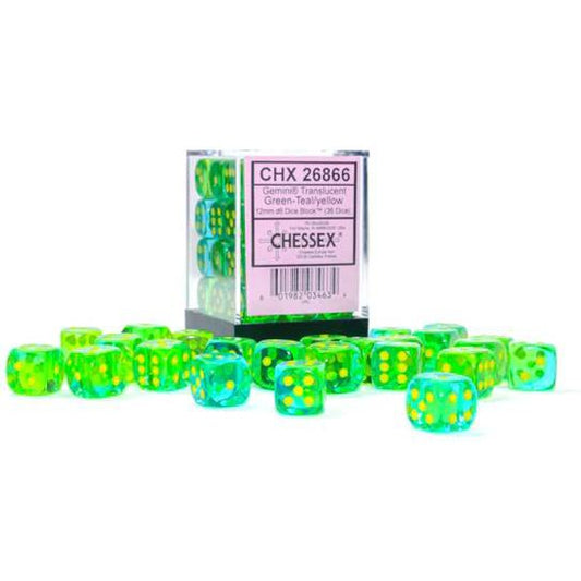 36 D6 Gemini 12mm Dice Translucent Green-Teal/yellow - CHX26866