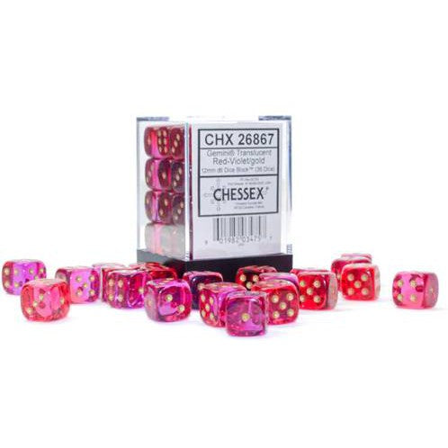 36 D6 Gemini 12mm Dice Translucent Red-Violet/gold - CHX26867