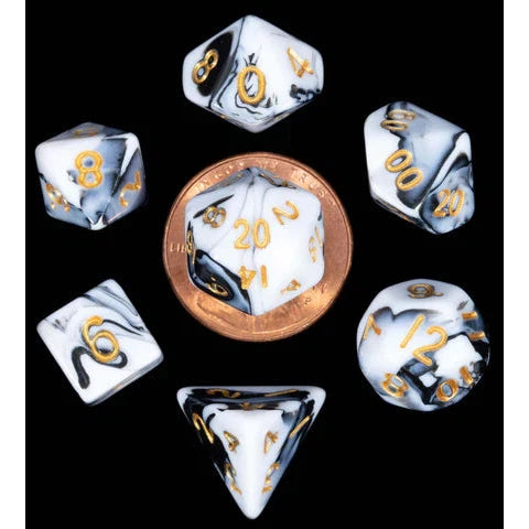 Marble with Gold Numbers 10mm Mini Polyhedral 7 Dice Set - MD41038