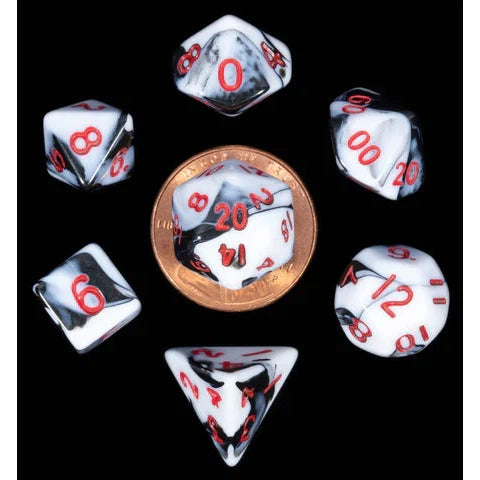 Marble with Red Numbers 10mm Mini Polyhedral 7 Dice Set - MD41031