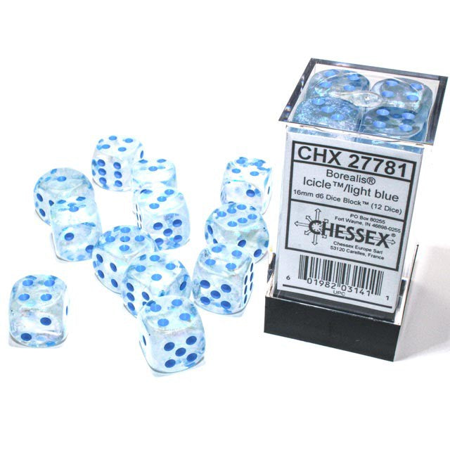 12 D6 Borealis 16mm Dice Icicle / Light blue Luminary - CHX27781