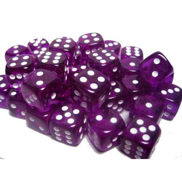 36 D6 Translucent 12mm Dice Purple w/white - CHX23807