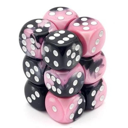 12 D6 Gemini 16mm Dice Black-Pink w/White - CHX26630 - Abyss Game Store