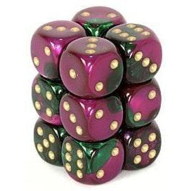 12 D6 Gemini 16mm Dice Green-Purple w/Gold - CHX26634 - Abyss Game Store