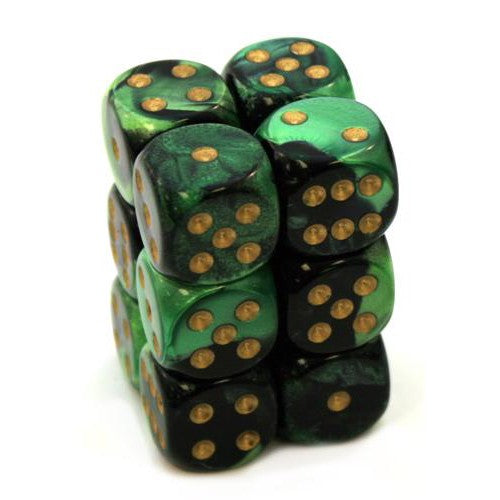 12 D6 Gemini 16mm Dice Black-Green w/Gold - CHX26639 - Abyss Game Store