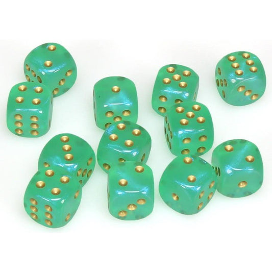 12 D6 Borealis 16mm Dice Light Green / Gold - CHX27625