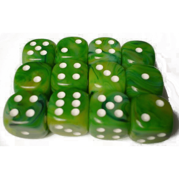 12 D6 Phantom 16mm Dice Green w/white - CHX27685 - Abyss Game Store