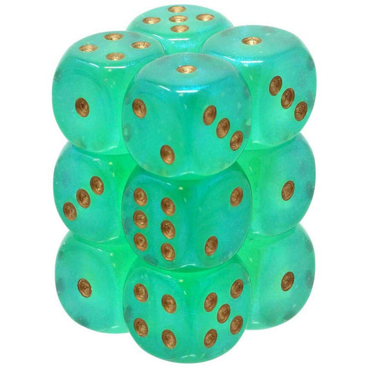 12 D6 Borealis 16mm Dice Light Green / Gold Luminary - CHX27775