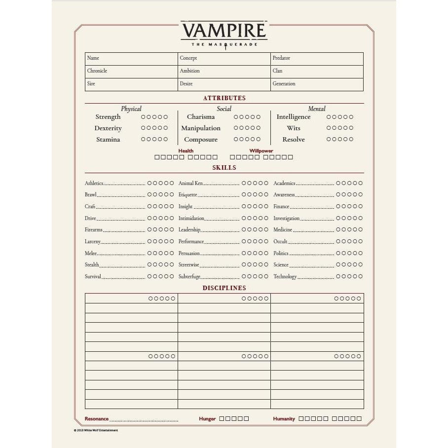 Vampire the Masquerade 5th - Character Sheet