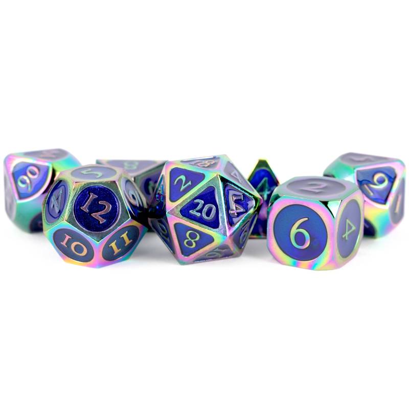 Rainbow with Blue Enamel 16mm Polyhedral 7 Dice Set - MD021