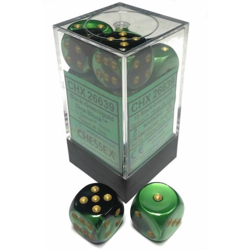 12 D6 Gemini 16mm Dice Black-Green/gold - CHX26639