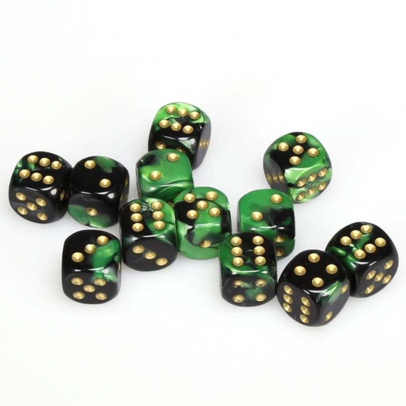 12 D6 Gemini 16mm Dice Black-Green/gold - CHX26639