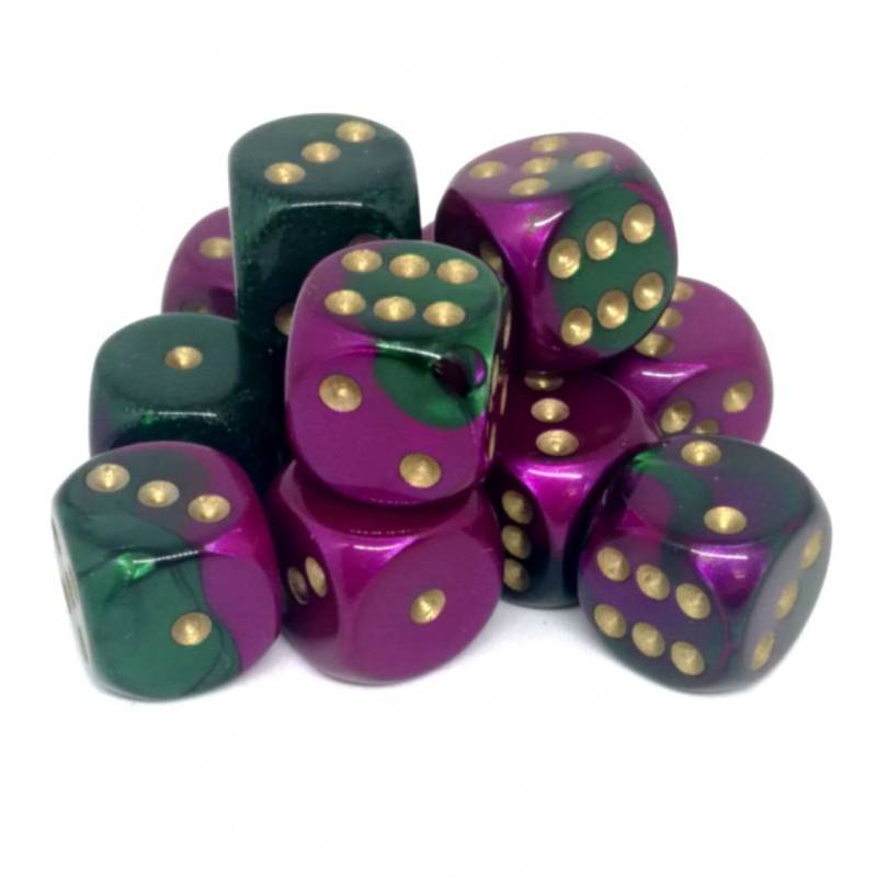 12 D6 Gemini 16mm Dice Green-Purple/gold - CHX26634