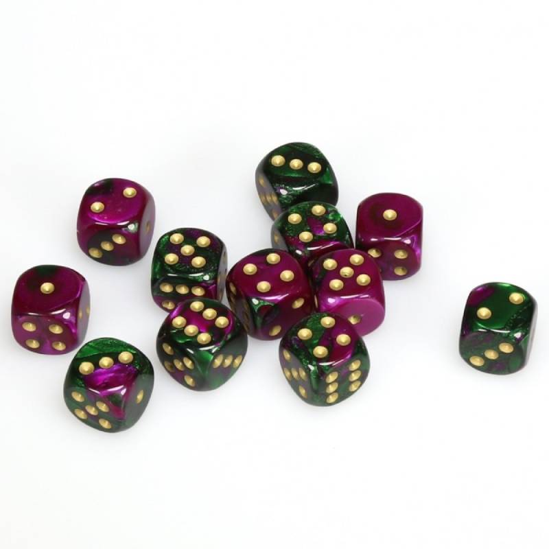 12 D6 Gemini 16mm Dice Green-Purple/gold - CHX26634