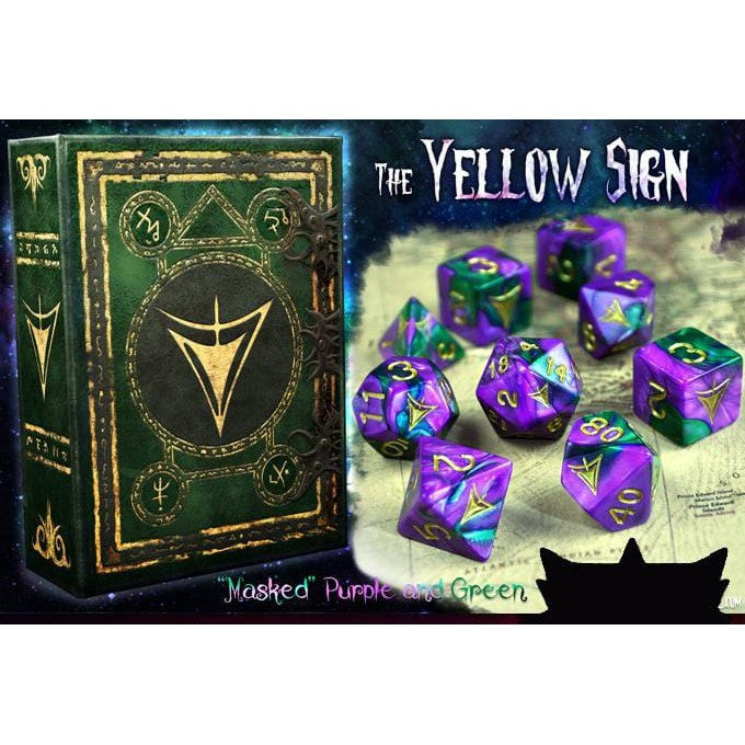 Elder Dice - 9 Polyhedral Dice Set The Yellow Sign - Masked Purple and Green