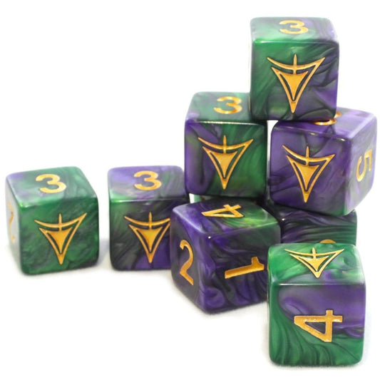 Elder Dice - 9 D6 The Yellow Sign - Masked Purple and Green (ED6-Y11)