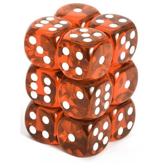 12 D6 Translucent 16mm Dice Orange w/white - CHX23603 - Abyss Game Store