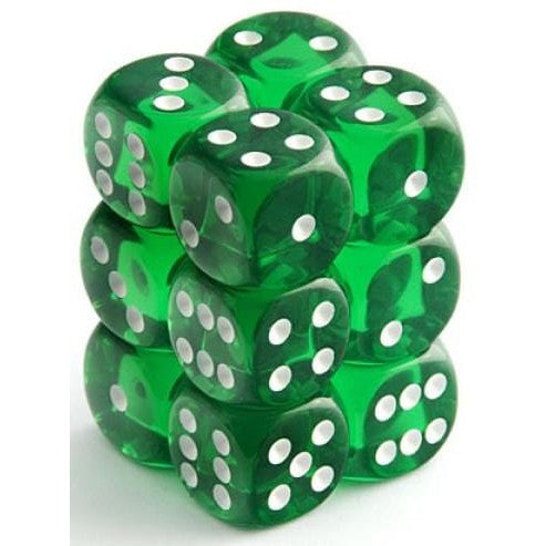 12 D6 Translucent 16mm Dice Green w/white - CHX23605 - Abyss Game Store