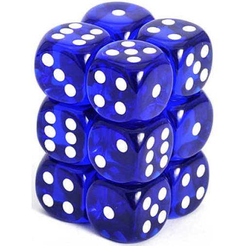 12 D6 Translucent 16mm Dice Blue w/white - CHX23606