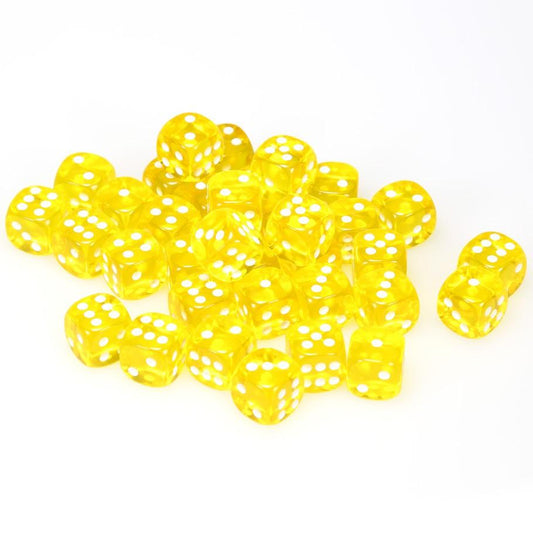 36 D6 Translucent 16mm Dice Yellow w/White - CHX23802