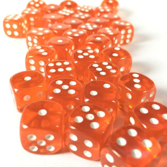 36 D6 Translucent 12mm Dice Orange w/wht - CHX23803