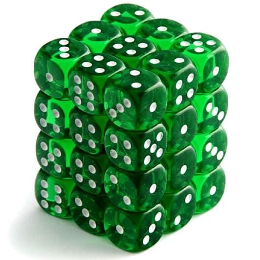 36 D6 Translucent 12mm Dice Green w/White - CHX23805