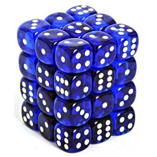 36 D6 Translucent 12mm Dice Blue w/white - CHX23806