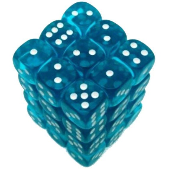 36 D6 Translucent 12mm Dice Teal w/white - CHX23815