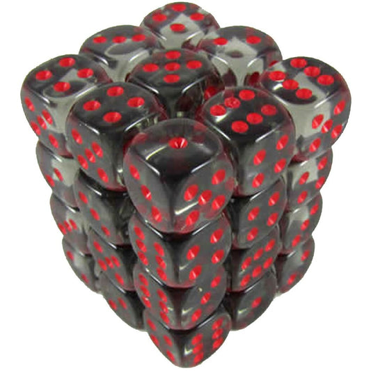 36 D6 Translucent 12mm Dice Smoke w/red - CHX23818