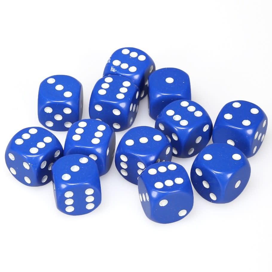 12 D6 Opaque 16mm Dice Blue w/white - CHX25606