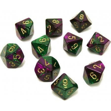 10 D10 Gemini Dice Green-Purple with Gold - CHX26234 - Abyss Game Store