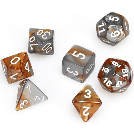 7 Polyhedral Dice Set Gemini Copper-Steel w/white - CHX26424