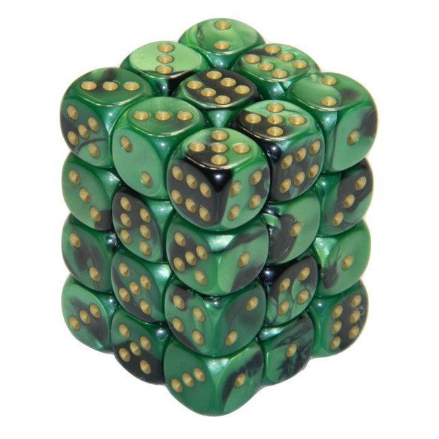 36 D6 Gemini 12mm Dice Black-Green w/gold - CHX26839