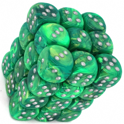 36 D6 Lustrous 12mm Dice Green w/silver - CHX27895